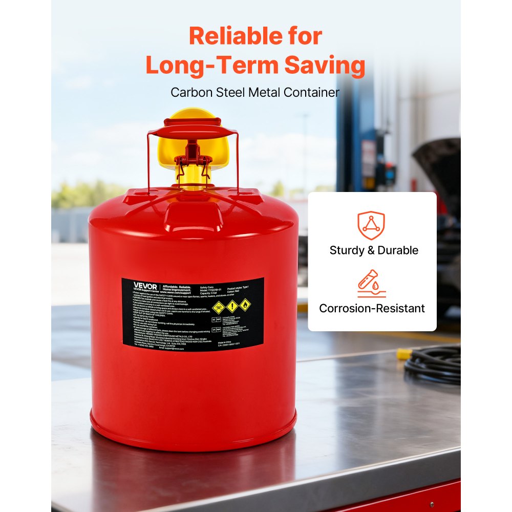 VEVOR Bidón de Seguridad de 19 L Tipo I con Parallamas, Tapa de Cierre Automático y Embudo de Polietileno, Asa Ergonómica, para Almacenamiento de Materiales Inflamables, Color Rojo, 295 x 425 mm