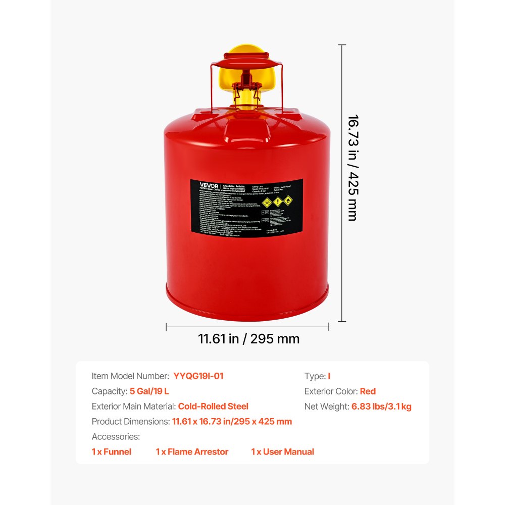 VEVOR Bidón de Seguridad de 19 L Tipo I con Parallamas, Tapa de Cierre Automático y Embudo de Polietileno, Asa Ergonómica, para Almacenamiento de Materiales Inflamables, Color Rojo, 295 x 425 mm