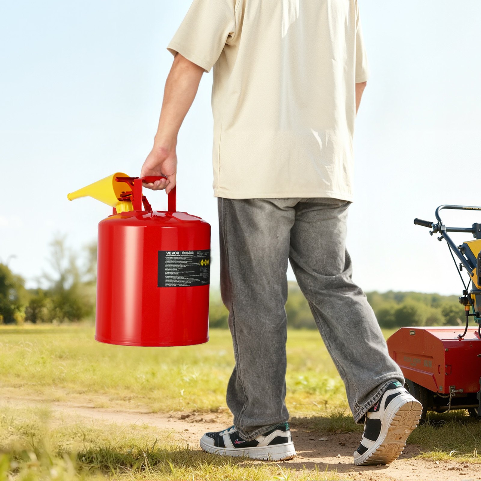 VEVOR Bidón de Seguridad de 19 L Tipo I con Parallamas, Tapa de Cierre Automático y Embudo de Polietileno, Asa Ergonómica, para Almacenamiento de Materiales Inflamables, Color Rojo, 295 x 425 mm