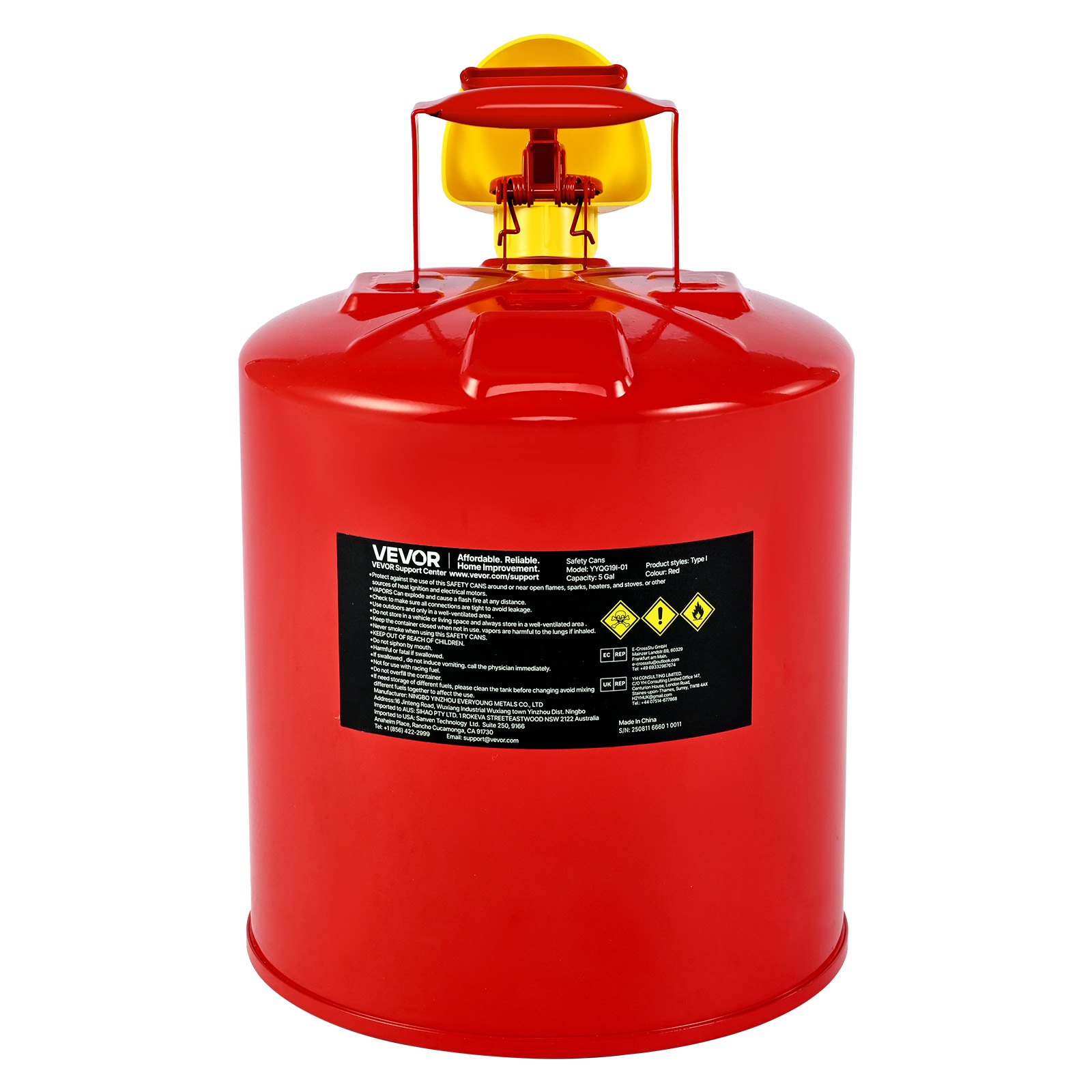 VEVOR Bidón de Seguridad de 19 L Tipo I con Parallamas, Tapa de Cierre Automático y Embudo de Polietileno, Asa Ergonómica, para Almacenamiento de Materiales Inflamables, Color Rojo, 295 x 425 mm