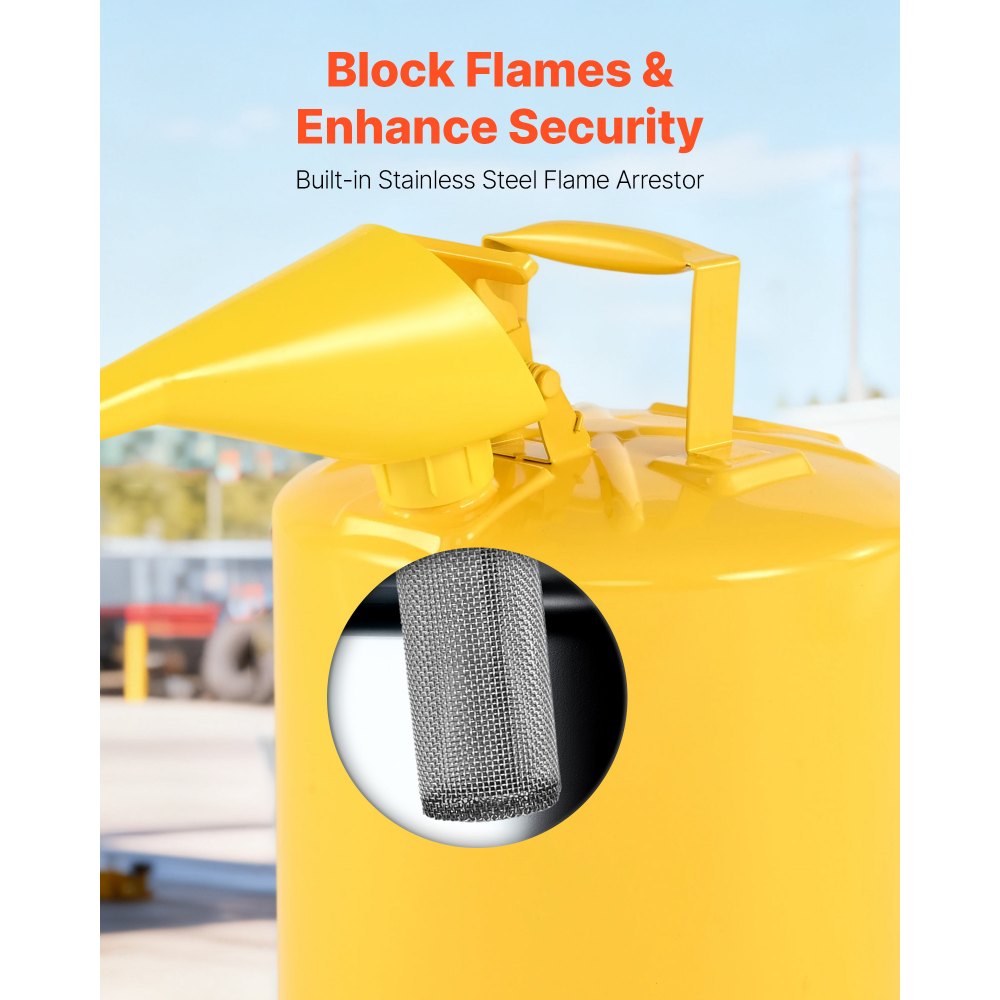 VEVOR Bidón de Combustible Diésel Tipo I 19 L, con Supresor de Llamas, Tapa de Cierre Automático y Embudo de Polietileno, Asa Ergonómica, Contenedor para Almacenamiento de Inflamables, Amarillo