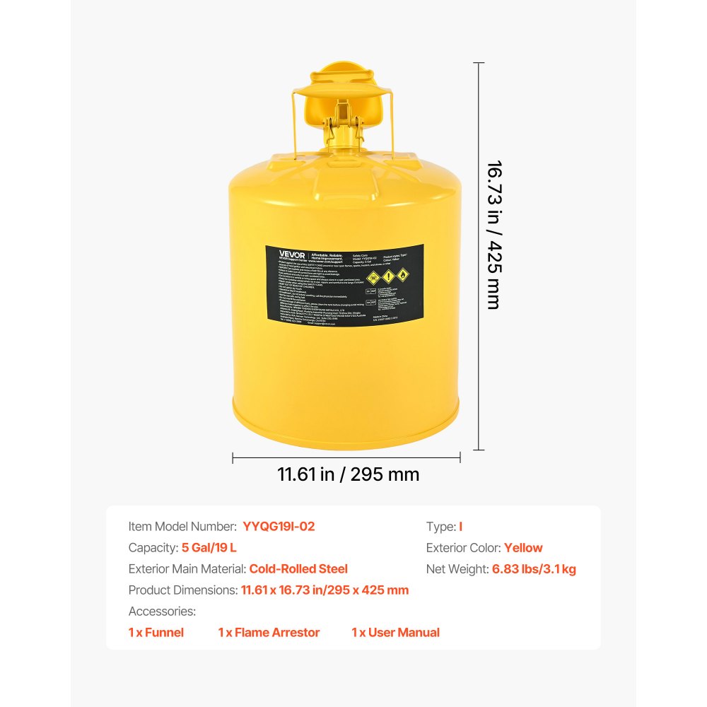 VEVOR Bidón de Combustible Diésel Tipo I 19 L, con Supresor de Llamas, Tapa de Cierre Automático y Embudo de Polietileno, Asa Ergonómica, Contenedor para Almacenamiento de Inflamables, Amarillo