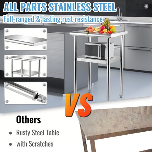 VEVOR Mesa De Trabajo Acero Inoxidable 61x46x91 Cm - 2 Niveles, Carga 272kg - Estante Ajustable - Para Cocina, Restaurante, Garaje - Fácil Montaje