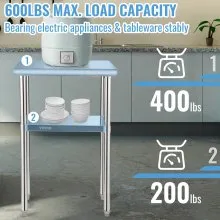 VEVOR Mesa de Trabajo de Acero Inoxidable 61 x 46 x 91 cm Mesa de Preparación de 2 Niveles Carga de 272,4 kg Mesa de Cocina Estante Ajustable en Altura para Cocina Restaurante Bar Garaje al Aire Libre