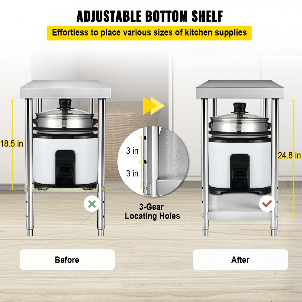 VEVOR Mesa Acero Inoxidable De Trabajo Mesa De Preparación Estante de Plato 2 Niveles Organizador de Cocina 24 Pulgadas Estante de Almacenamiento