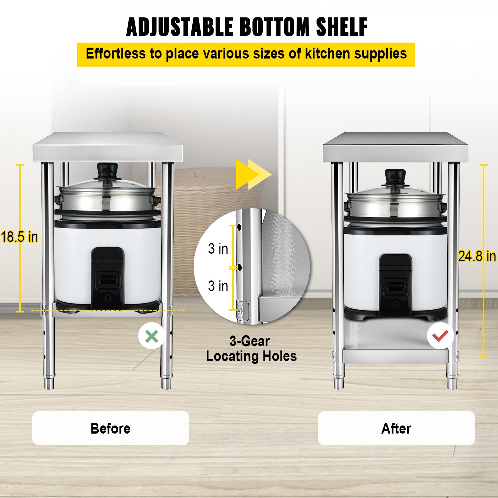 VEVOR Mesa Acero Inoxidable De Trabajo Mesa De Preparación Estante de Plato 2 Niveles Organizador de Cocina 24 Pulgadas Estante de Almacenamiento