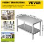 VEVOR Commercial Stainless Steel Table 122 x 61 x 86 cm, Stainless Steel Two-Tier Work Table Disassembly Table Catering 150 kg + 100 kg Load Capacity, Commercial Kitchen Table, Height-Adjustable Preparation Table