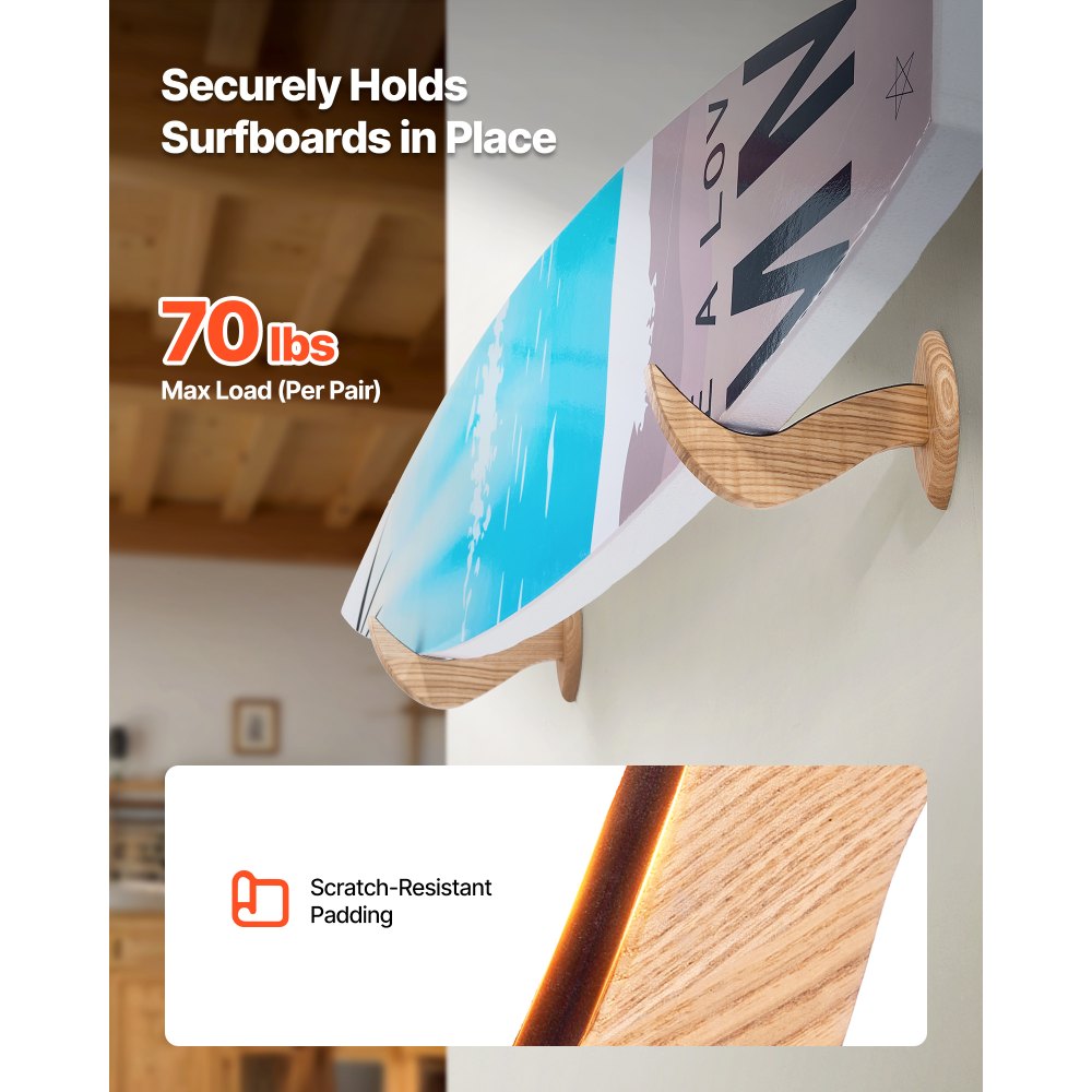 VEVOR Soporte de Pared Horizontal para Tabla de Surf, Soporte de Madera para Tablas de Surf para Almacenamiento y Exhibición, Organizador Ajustable para Tabla de Kitesurf, Tablas Cortas, Esquís