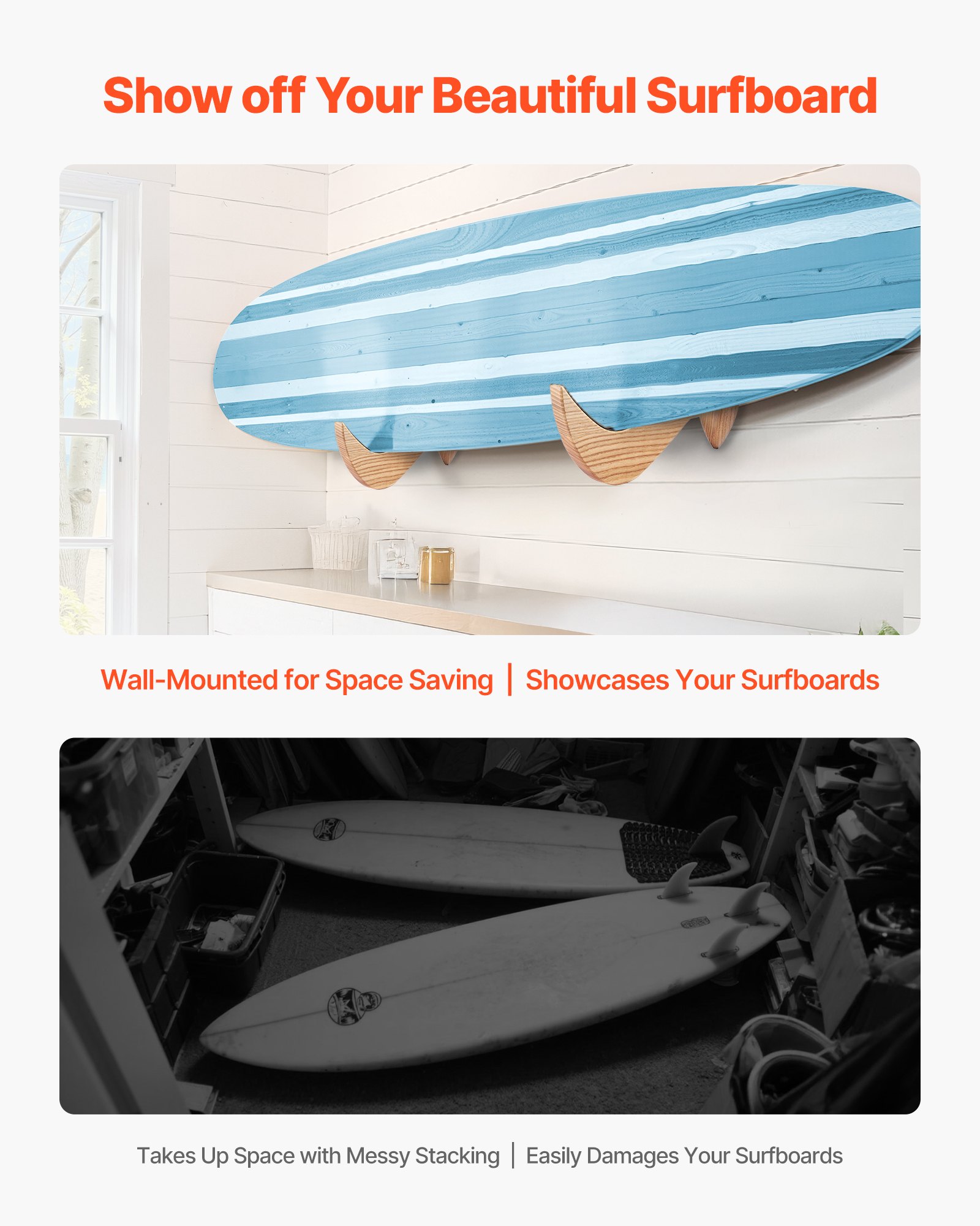 VEVOR Soporte de Pared Horizontal para Tabla de Surf, Soporte de Madera para Tablas de Surf para Almacenamiento y Exhibición, Organizador Ajustable para Tabla de Kitesurf, Tablas Cortas, Esquís