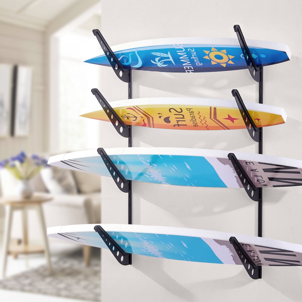 VEVOR Soporte de Pared para Tablas de Surf, Soporte Horizontal para Tablas de Surf de 4 Niveles para Almacenamiento y Exhibición, Organizador Ajustable para Kiteboards, Esquís y Snowboards, Negro
