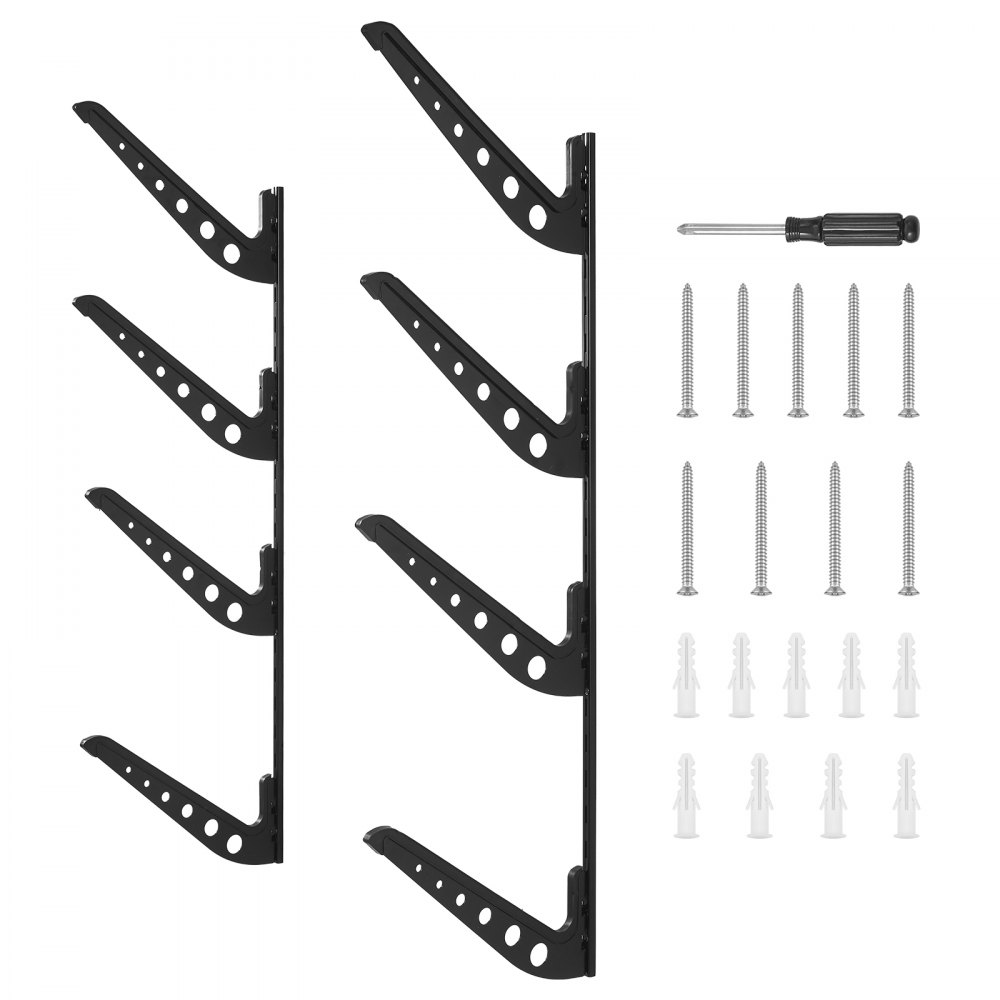 VEVOR Soporte de Pared para Tablas de Surf, Soporte Horizontal para Tablas de Surf de 4 Niveles para Almacenamiento y Exhibición, Organizador Ajustable para Kiteboards, Esquís y Snowboards, Negro