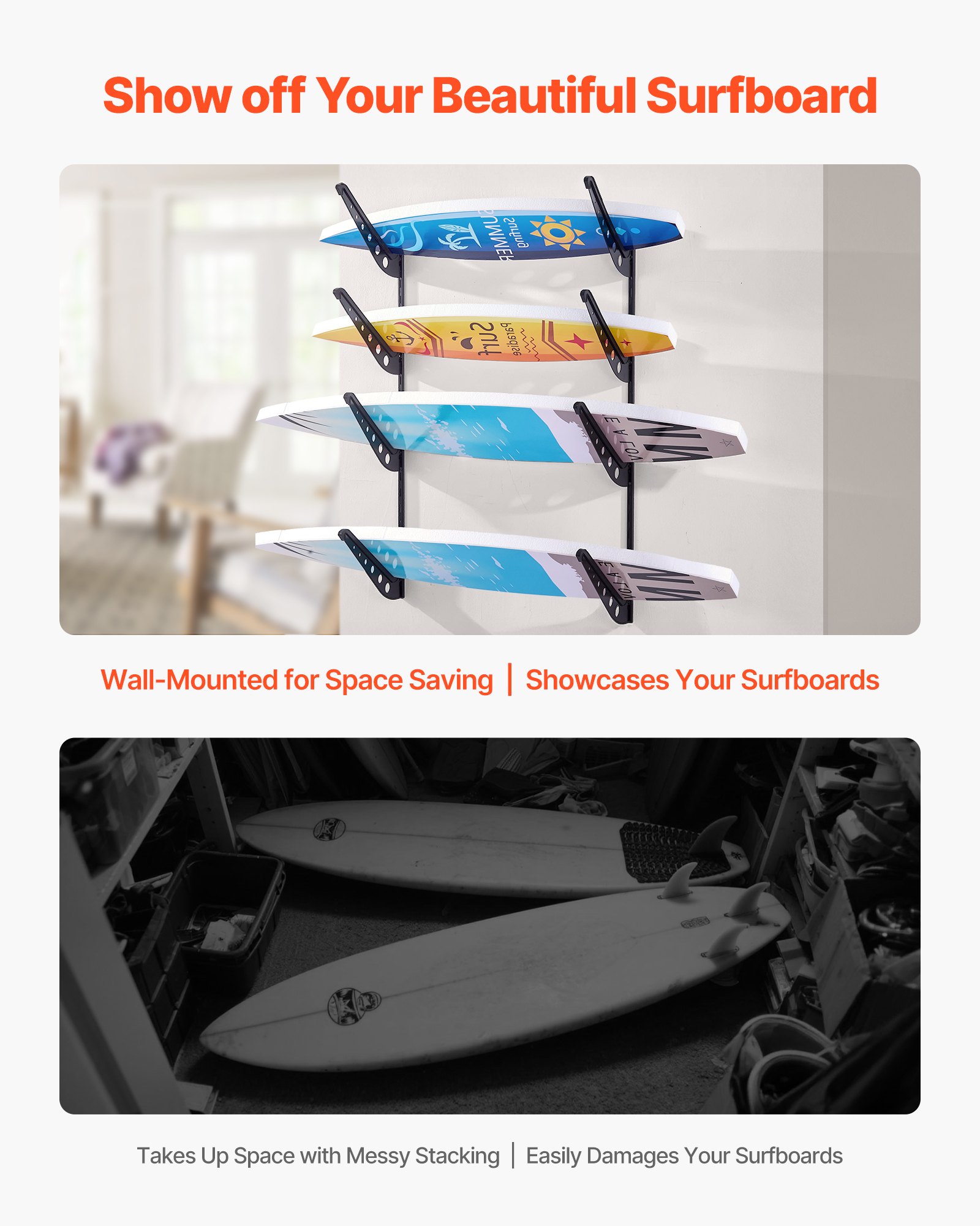 VEVOR Soporte de Pared para Tablas de Surf, Soporte Horizontal para Tablas de Surf de 4 Niveles para Almacenamiento y Exhibición, Organizador Ajustable para Kiteboards, Esquís y Snowboards, Negro