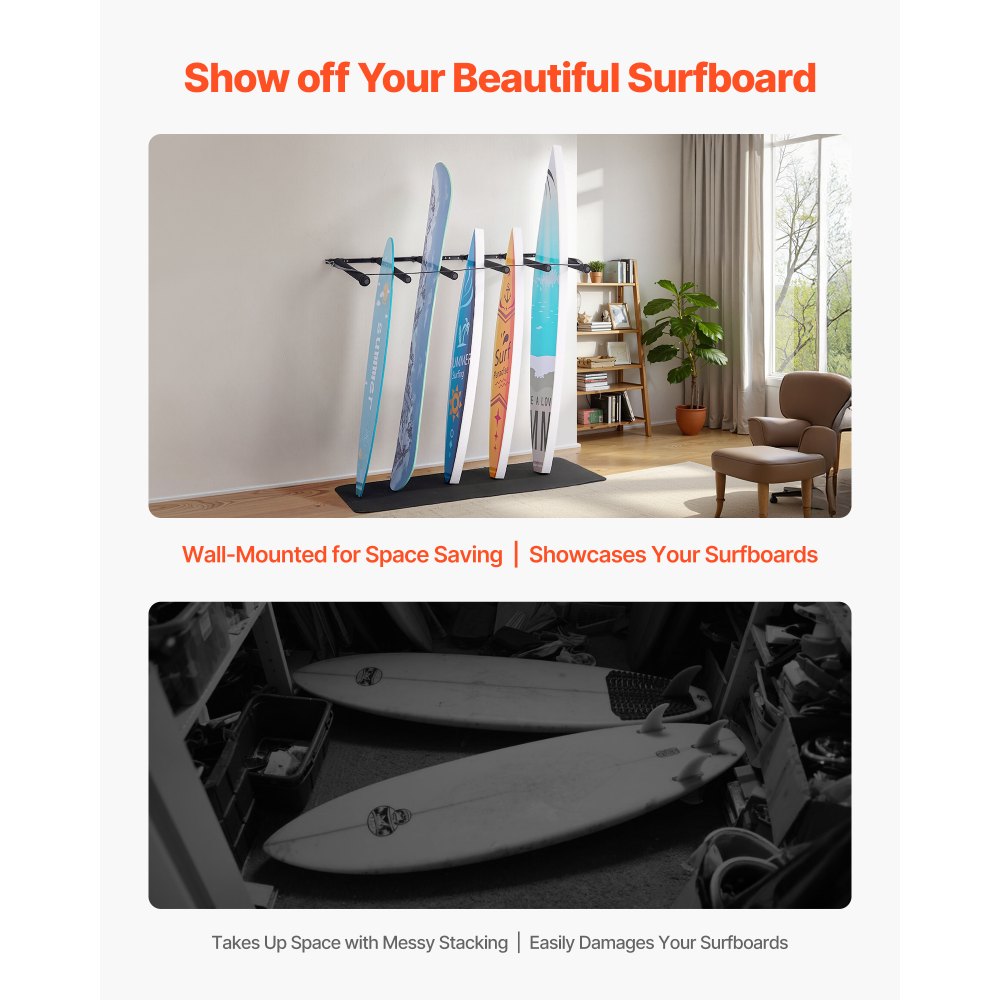 VEVOR Soporte de Pared para Tablas de Surf, Soporte Vertical para Tablas de Surf de 5 Niveles para Almacenamiento y Exhibición, Organizador Ajustable para Kiteboards, Esquís y Snowboards, Negro