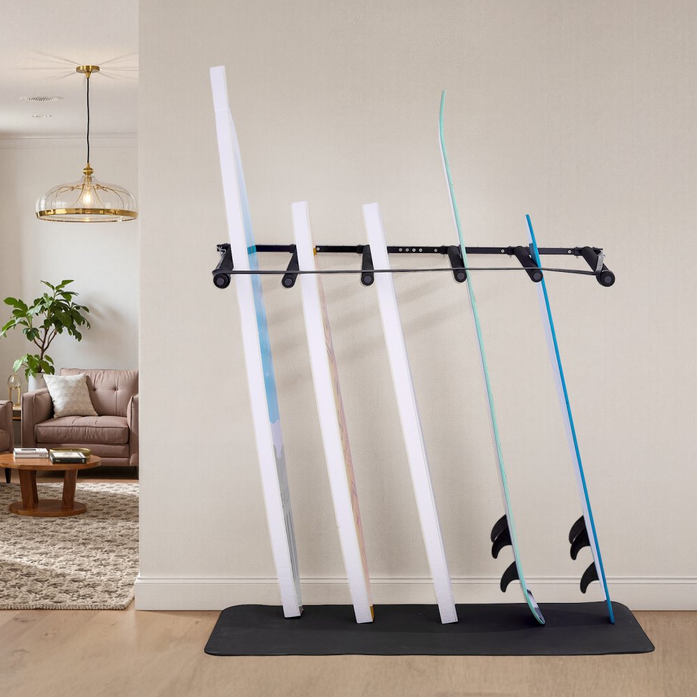 VEVOR Soporte de Pared para Tablas de Surf, Soporte Vertical para Tablas de Surf de 5 Niveles para Almacenamiento y Exhibición, Organizador Ajustable para Kiteboards, Esquís y Snowboards, Negro