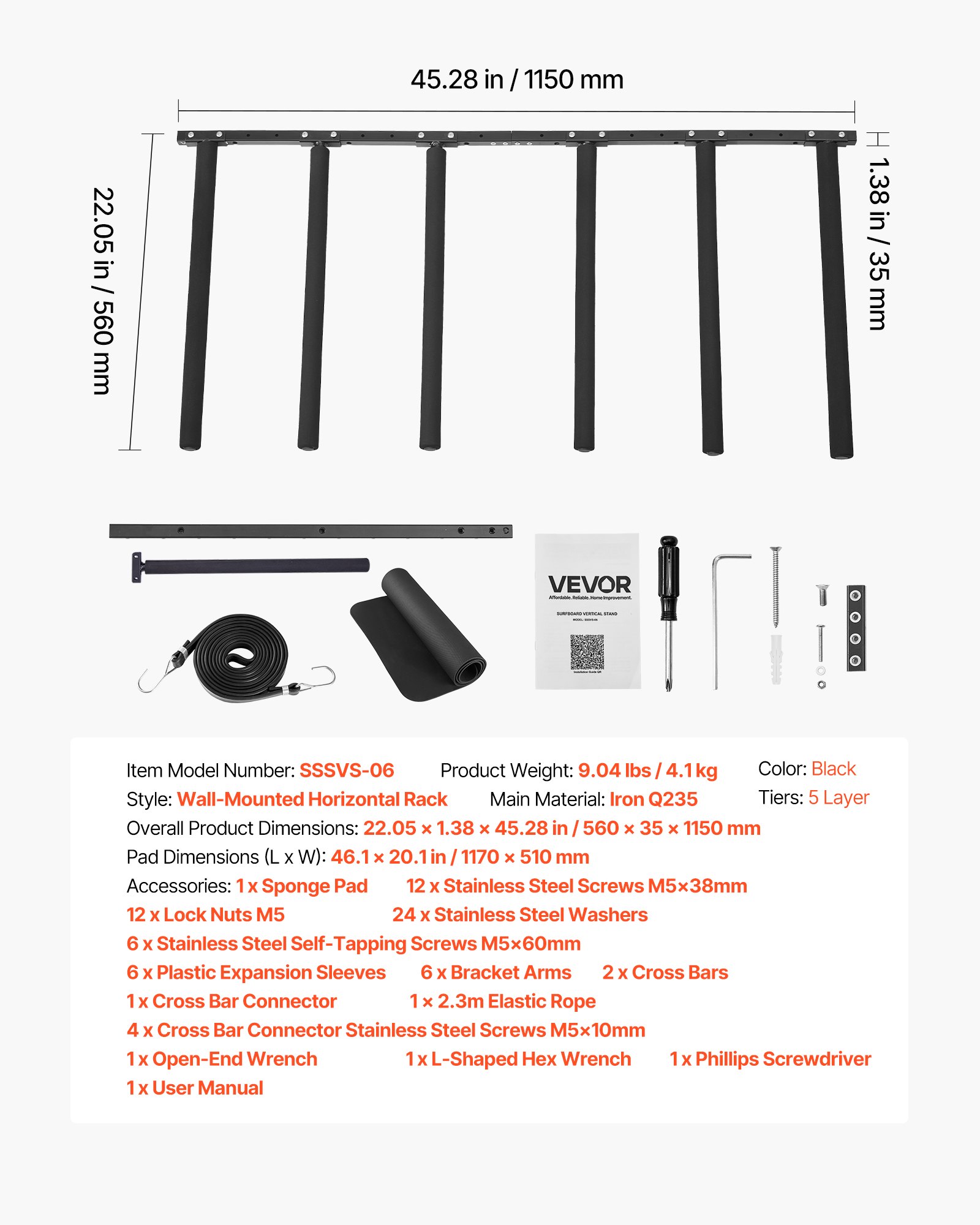 VEVOR Soporte de Pared para Tablas de Surf, Soporte Vertical para Tablas de Surf de 5 Niveles para Almacenamiento y Exhibición, Organizador Ajustable para Kiteboards, Esquís y Snowboards, Negro