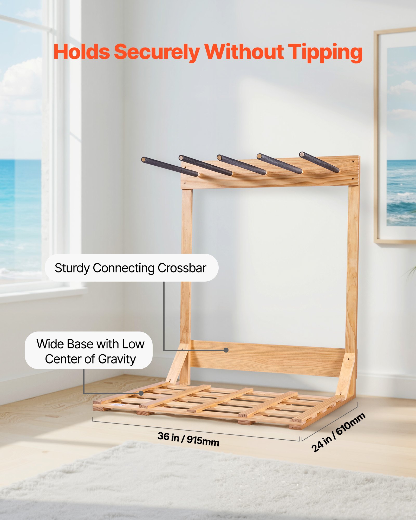 VEVOR Vertical Surfboard Stand, 4 Tiers Wooden Surfboard Rack for Storage and Display, Freestanding Board Stand Organizer, Surf Board Holder for Wakeboards, Snowboards, Kiteboards, Shortboard, Skis