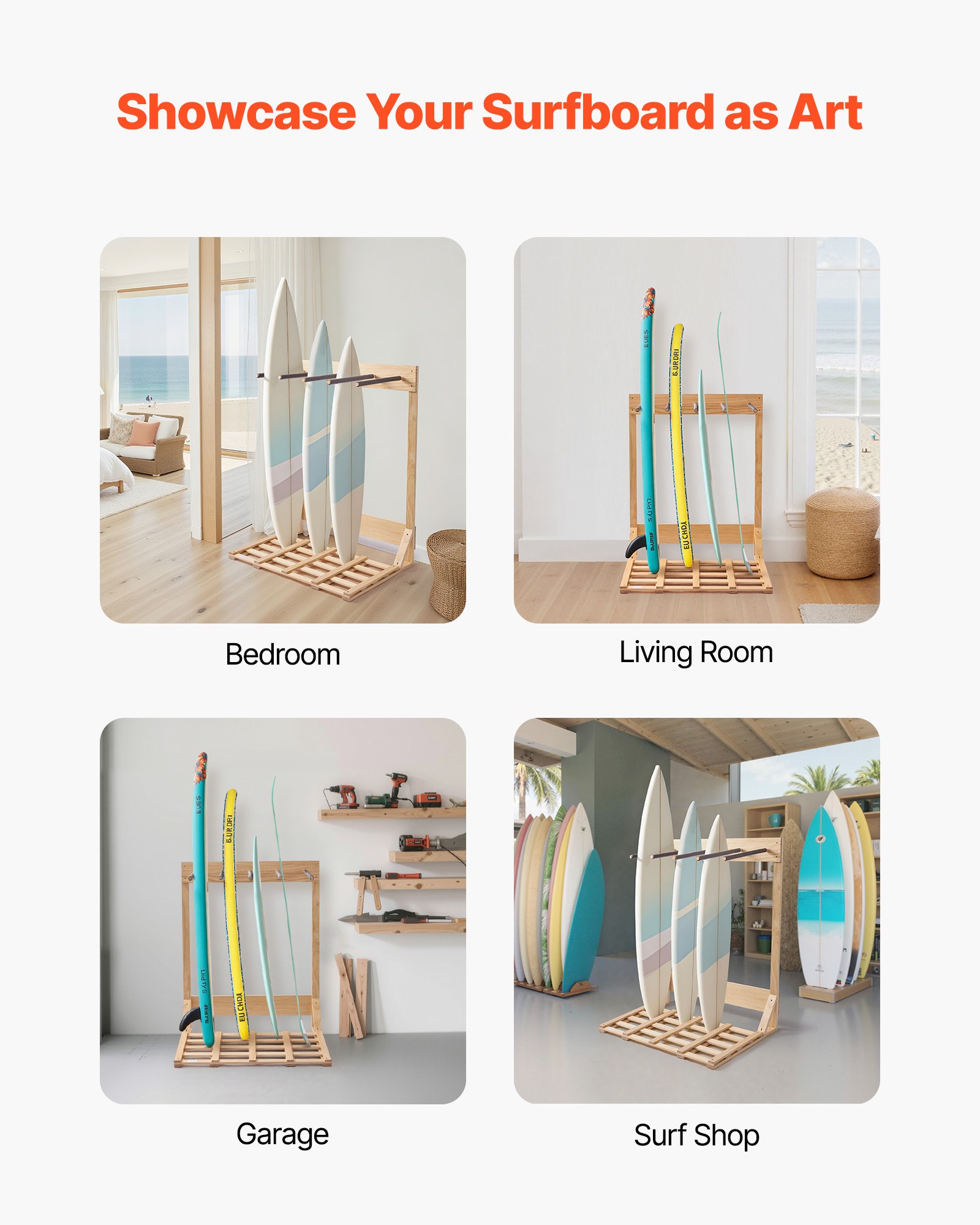 VEVOR Vertical Surfboard Stand, 4 Tiers Wooden Surfboard Rack for Storage and Display, Freestanding Board Stand Organizer, Surf Board Holder for Wakeboards, Snowboards, Kiteboards, Shortboard, Skis