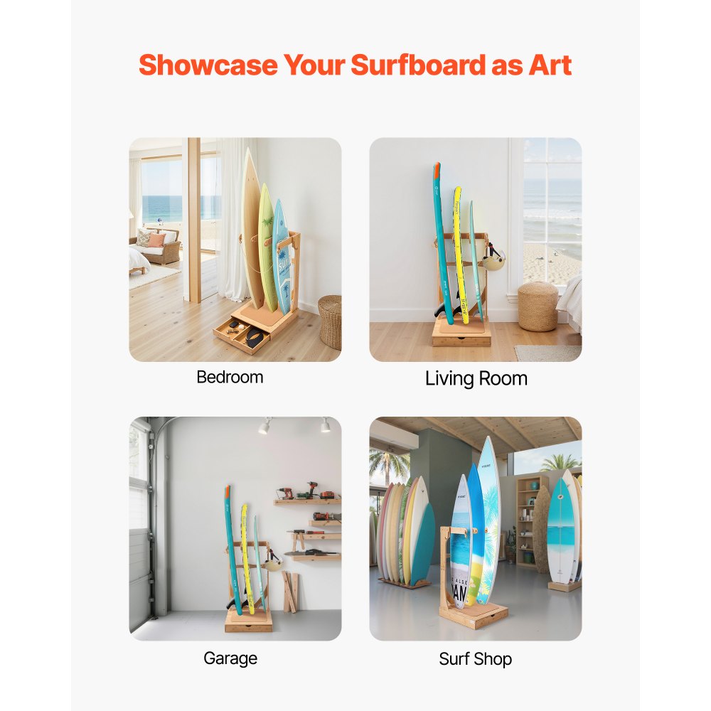 VEVOR Soporte Vertical para Tablas de Surf, Soporte de Madera Independiente de 3 Niveles para Almacenamiento y Exhibición de Tablas de Surf con Ganchos de Madera, Relleno de Corcho y Cajones