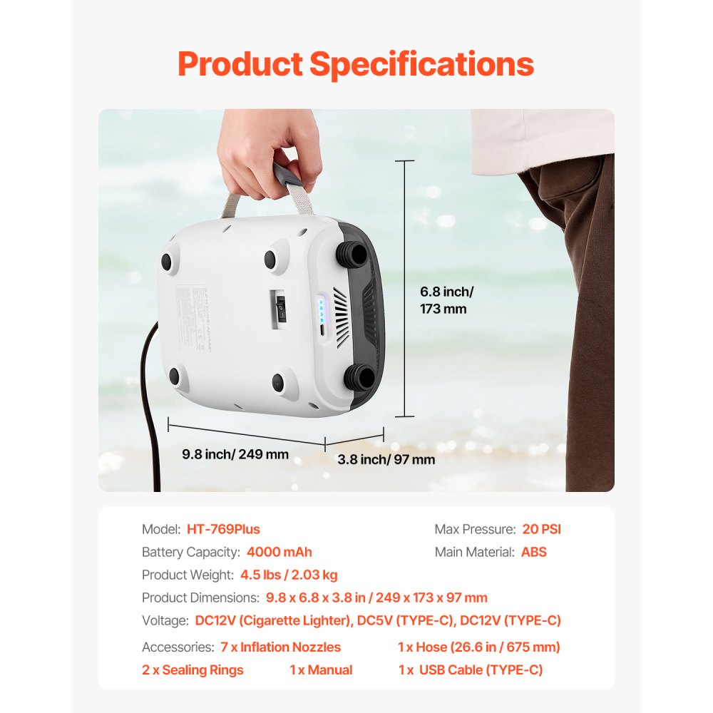 VEVOR Bomba de Aire 137,8 kPa para Tablas de Paddle Surf, Recargable a Batería, Inflado y Desinflado de Dos Etapas, con Apagado Automático y Conector, para Botes Inflables, Tiendas de Campaña