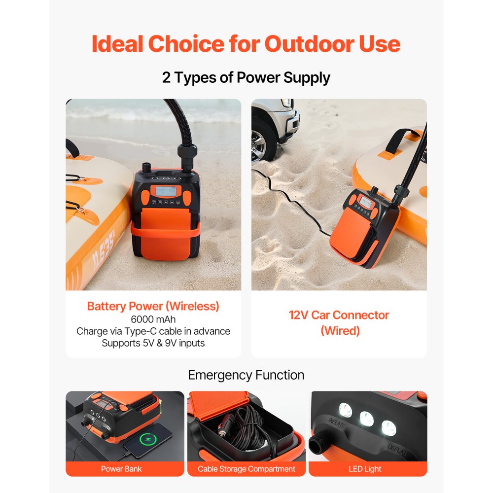VEVOR Bomba de Aire 137,8 kPa para Tabla de Paddle Surf, Recargable a Batería, Inflado y Desinflado de Dos Etapas con Apagado Automático, para Botes Inflables, 249 x 175 x 133 mm, con Luz LED