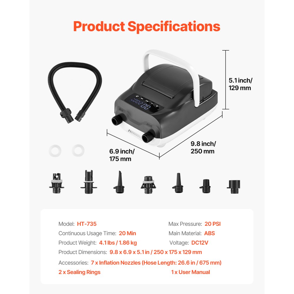 VEVOR Bomba para Tabla de Paddle Surf, 137,8 kPa de Alta Presión, Inflado y Desinflado de Doble Etapa, con Apagado Automático y Conector, Ideal para Tiendas de Campaña y Colchones, Color Negro