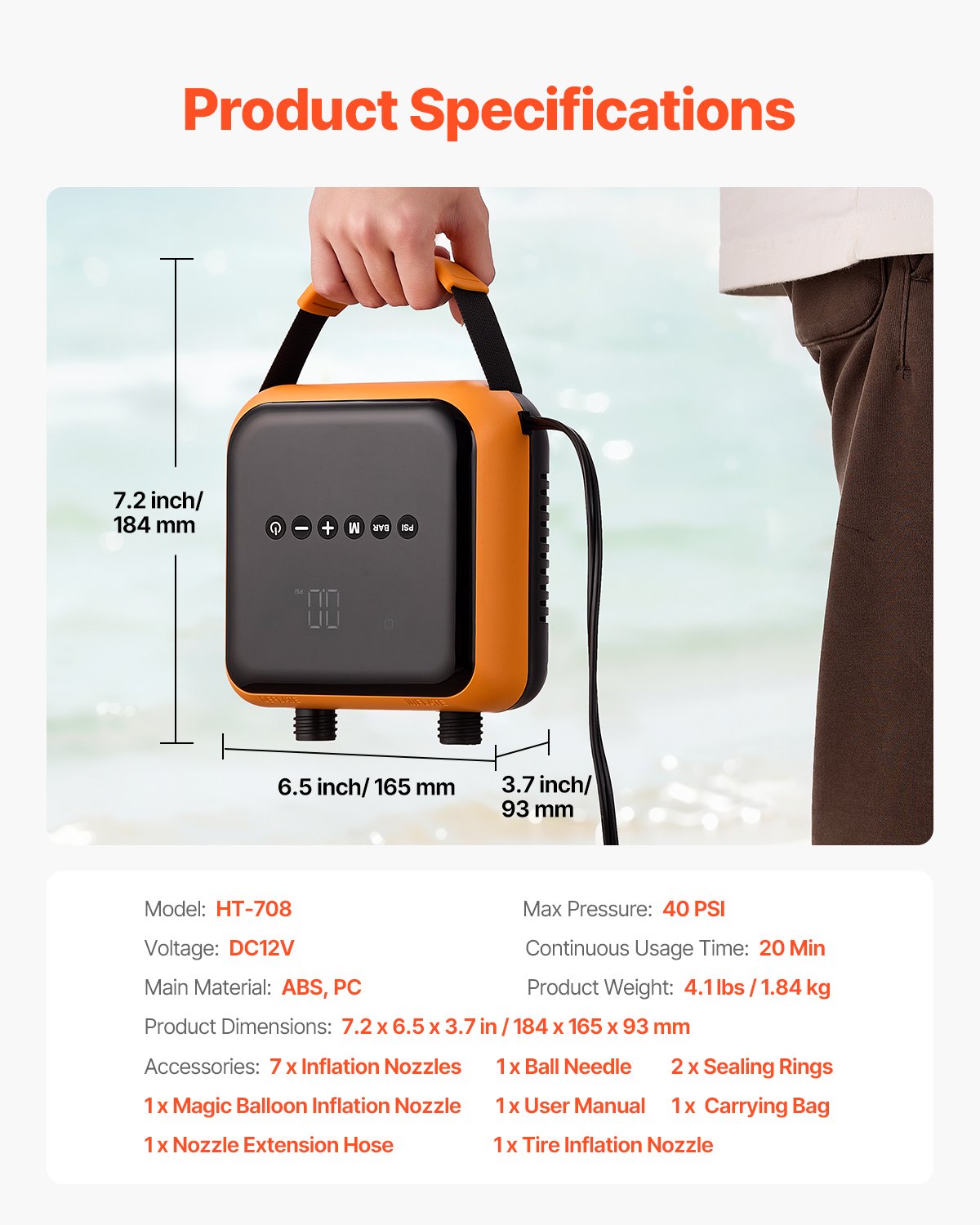 VEVOR Bomba para Tabla de Paddle Surf, 275,7 kPa de Alta Presión, Inflado y Desinflado de Doble Etapa, con Apagado Automático y Conector para Coche, para Tablas de Paddle Surf Inflables, Campaña