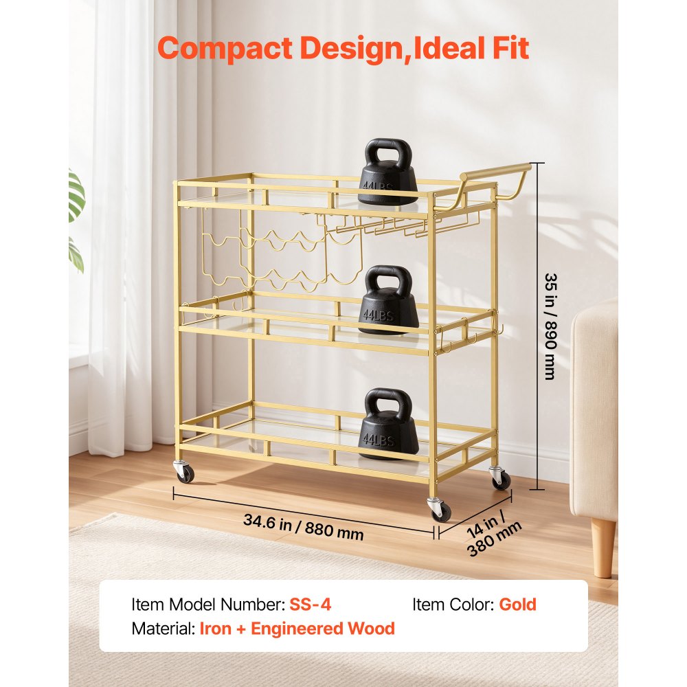 VEVOR Carro de Bebidas con Botellero de 3 Niveles, Carrito de Servicio con Ruedas y Asa, Estantes de Vidrio Espejado, Soporte para Copas, para Sala de Estar, Comedor, Cocina, 88x38x89 cm, Dorado