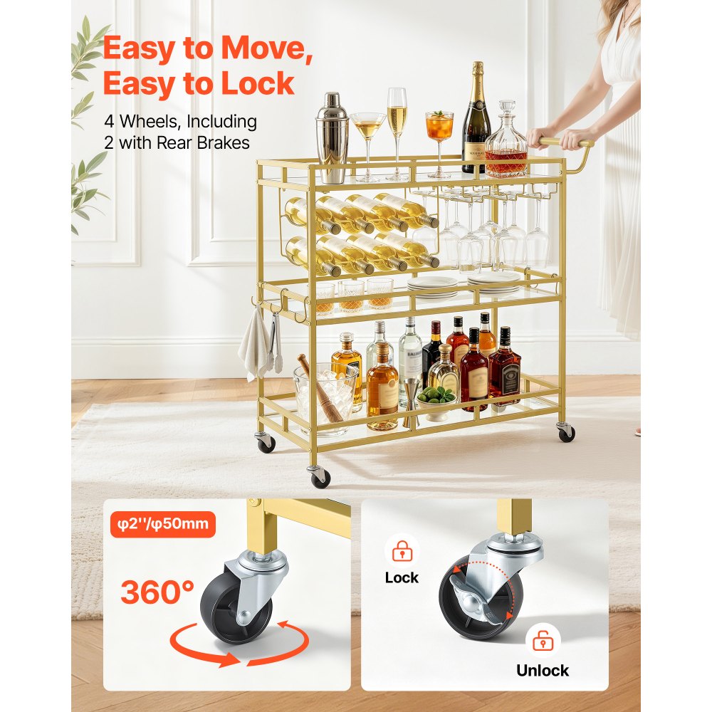 VEVOR Carro de Bebidas con Botellero de 3 Niveles, Carrito de Servicio con Ruedas y Asa, Estantes de Vidrio Espejado, Soporte para Copas, para Sala de Estar, Comedor, Cocina, 88x38x89 cm, Dorado