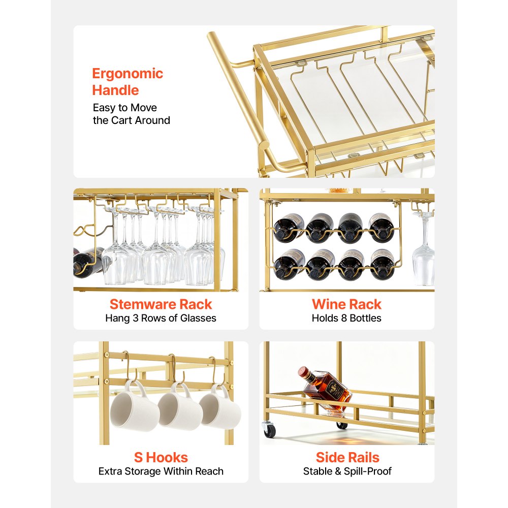 VEVOR Carro de Bebidas con Botellero de 3 Niveles, Carrito de Servicio con Ruedas y Asa, Estantes de Vidrio Espejado, Soporte para Copas, para Sala de Estar, Comedor, Cocina, 88x38x89 cm, Dorado