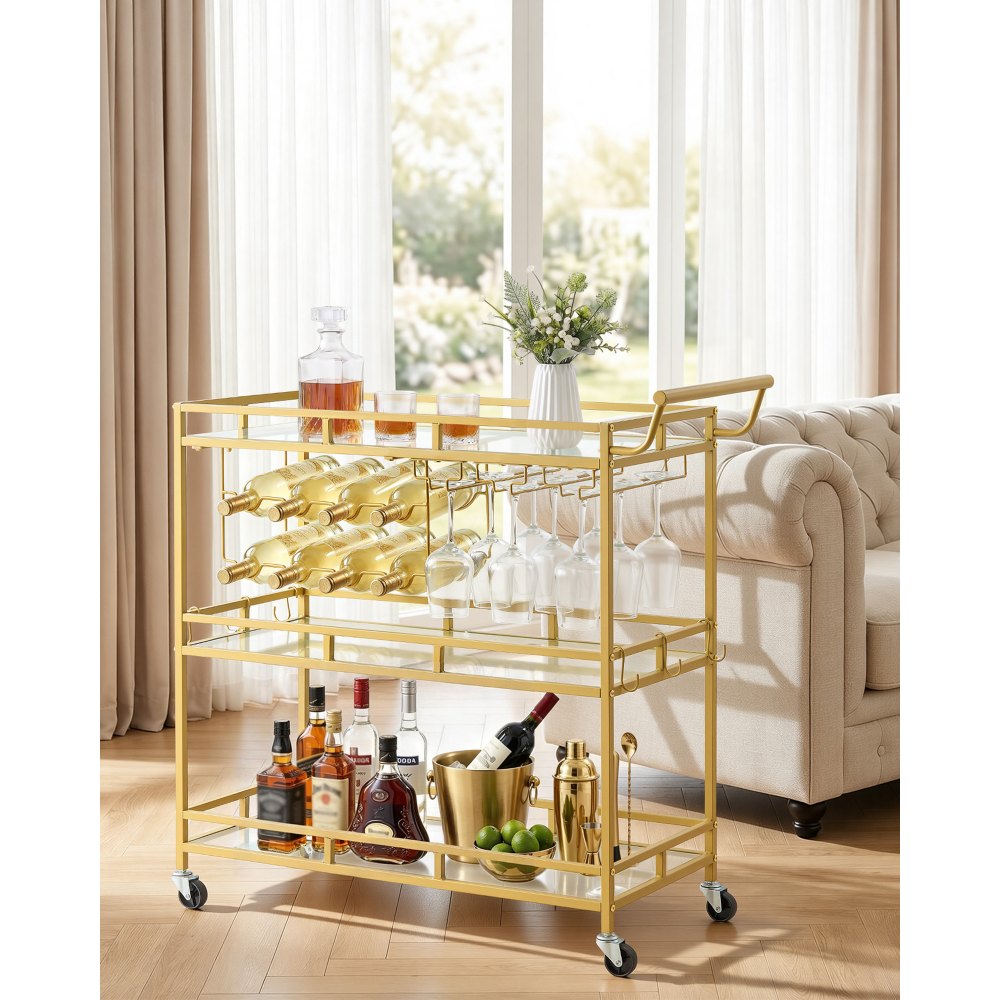VEVOR Carro de Bebidas con Botellero de 3 Niveles, Carrito de Servicio con Ruedas y Asa, Estantes de Vidrio Espejado, Soporte para Copas, para Sala de Estar, Comedor, Cocina, 88x38x89 cm, Dorado