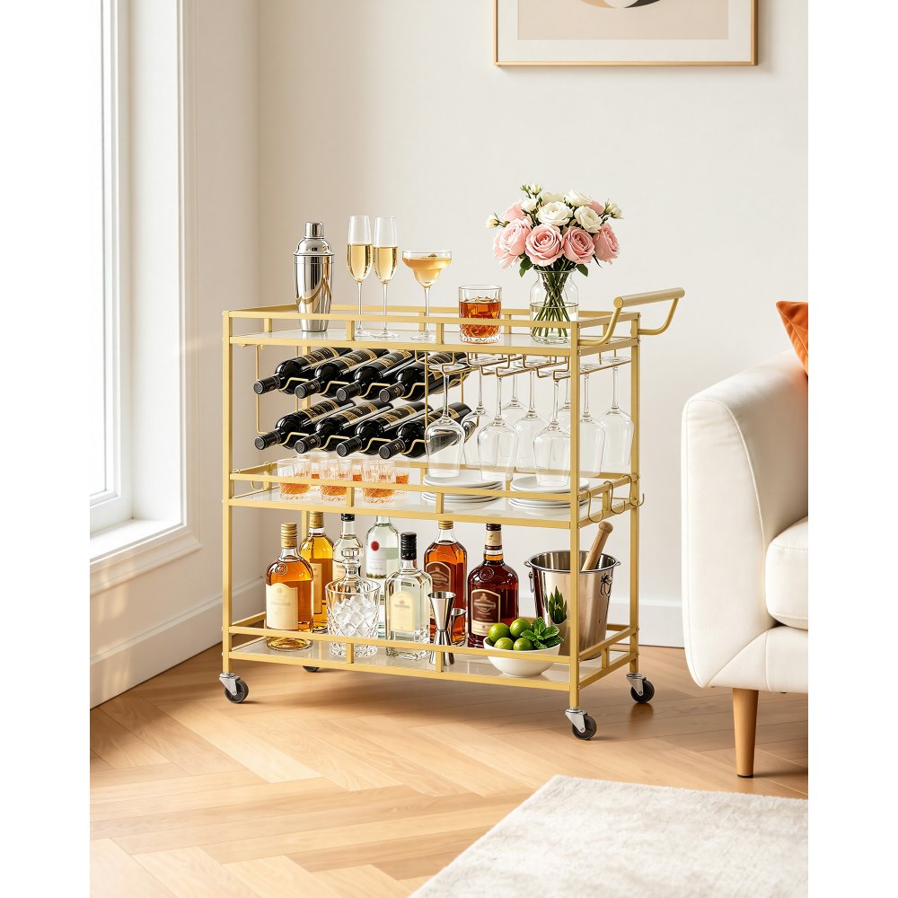 VEVOR Carro de Bebidas con Botellero de 3 Niveles, Carrito de Servicio con Ruedas y Asa, Estantes de Vidrio Espejado, Soporte para Copas, para Sala de Estar, Comedor, Cocina, 88x38x89 cm, Dorado