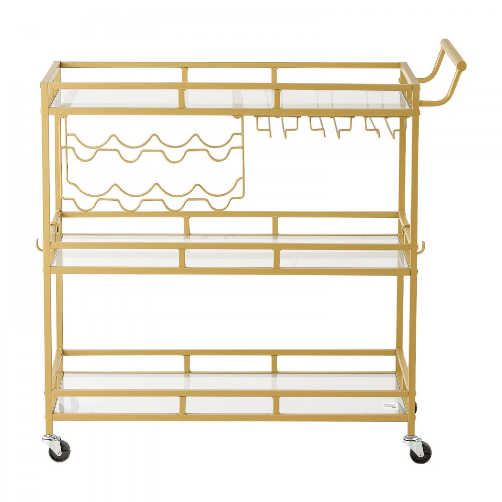 VEVOR Carro de Bebidas con Botellero de 3 Niveles, Carrito de Servicio con Ruedas y Asa, Estantes de Vidrio Espejado, Soporte para Copas, para Sala de Estar, Comedor, Cocina, 88x38x89 cm, Dorado
