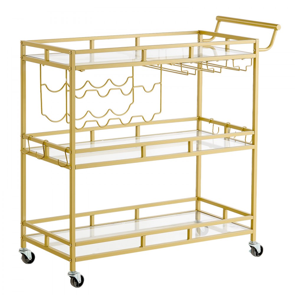 VEVOR Carro de Bebidas con Botellero de 3 Niveles, Carrito de Servicio con Ruedas y Asa, Estantes de Vidrio Espejado, Soporte para Copas, para Sala de Estar, Comedor, Cocina, 88x38x89 cm, Dorado