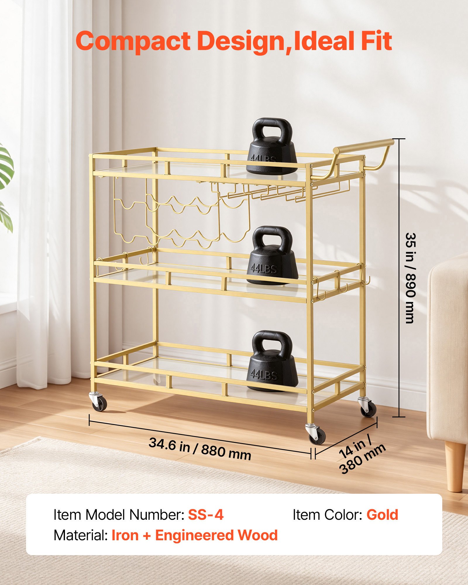 VEVOR Carro de Bebidas con Botellero de 3 Niveles, Carrito de Servicio con Ruedas y Asa, Estantes de Vidrio Espejado, Soporte para Copas, para Sala de Estar, Comedor, Cocina, 88x38x89 cm, Dorado