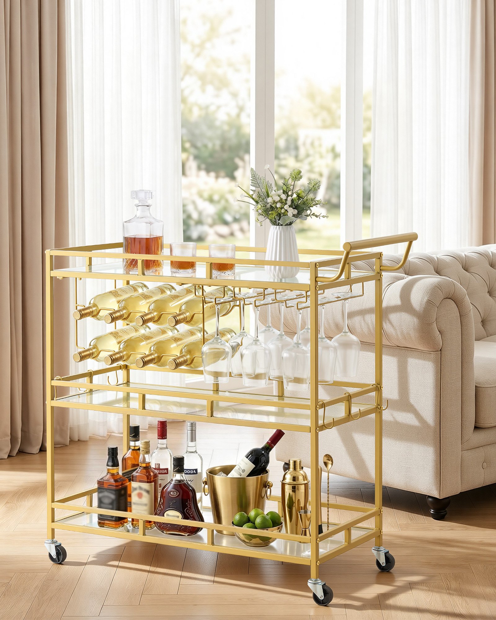 VEVOR Carro de Bebidas con Botellero de 3 Niveles, Carrito de Servicio con Ruedas y Asa, Estantes de Vidrio Espejado, Soporte para Copas, para Sala de Estar, Comedor, Cocina, 88x38x89 cm, Dorado