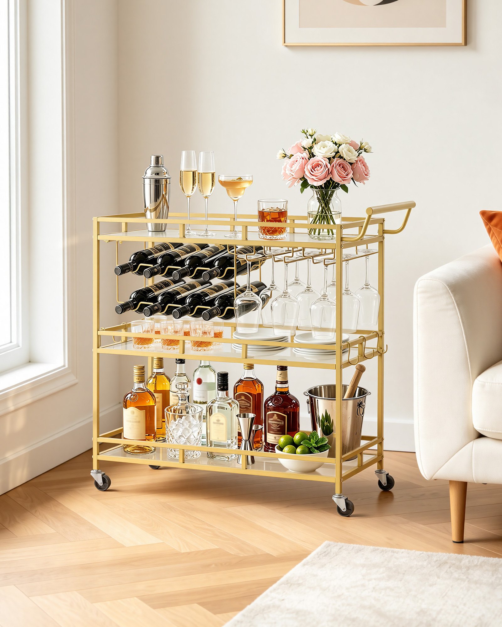 VEVOR Carro de Bebidas con Botellero de 3 Niveles, Carrito de Servicio con Ruedas y Asa, Estantes de Vidrio Espejado, Soporte para Copas, para Sala de Estar, Comedor, Cocina, 88x38x89 cm, Dorado