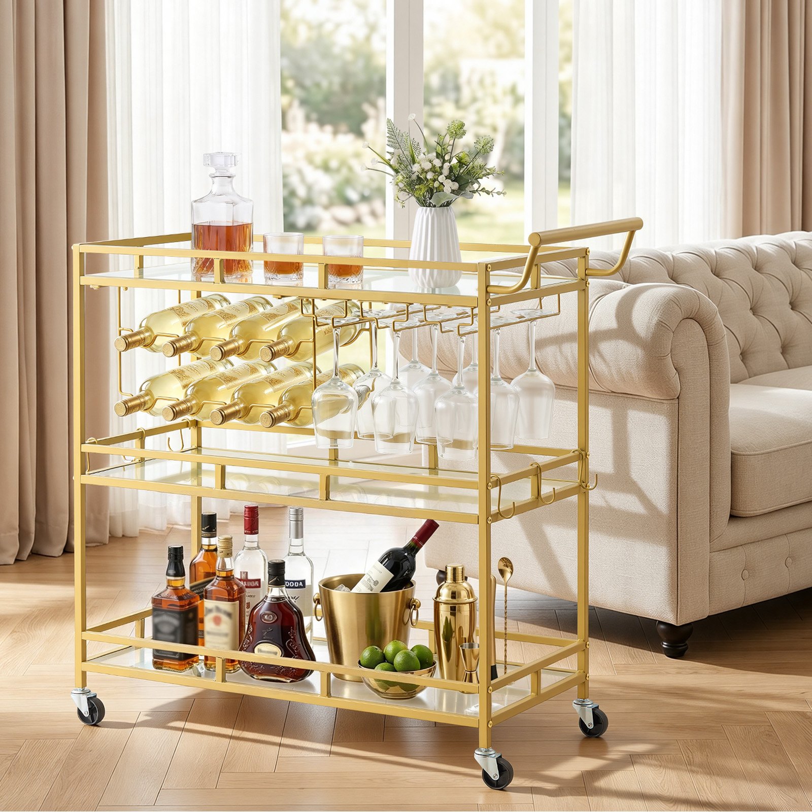 VEVOR Carro de Bebidas con Botellero de 3 Niveles, Carrito de Servicio con Ruedas y Asa, Estantes de Vidrio Espejado, Soporte para Copas, para Sala de Estar, Comedor, Cocina, 88x38x89 cm, Dorado