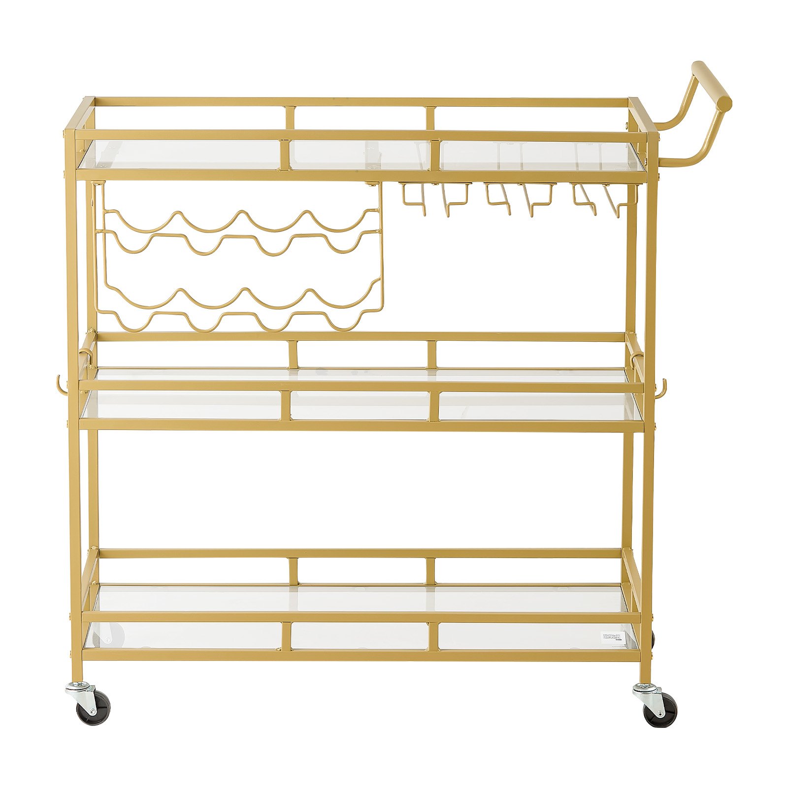 VEVOR Carro de Bebidas con Botellero de 3 Niveles, Carrito de Servicio con Ruedas y Asa, Estantes de Vidrio Espejado, Soporte para Copas, para Sala de Estar, Comedor, Cocina, 88x38x89 cm, Dorado