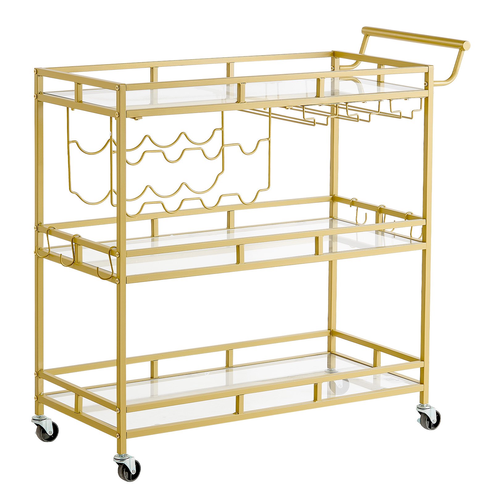 VEVOR Carro de Bebidas con Botellero de 3 Niveles, Carrito de Servicio con Ruedas y Asa, Estantes de Vidrio Espejado, Soporte para Copas, para Sala de Estar, Comedor, Cocina, 88x38x89 cm, Dorado