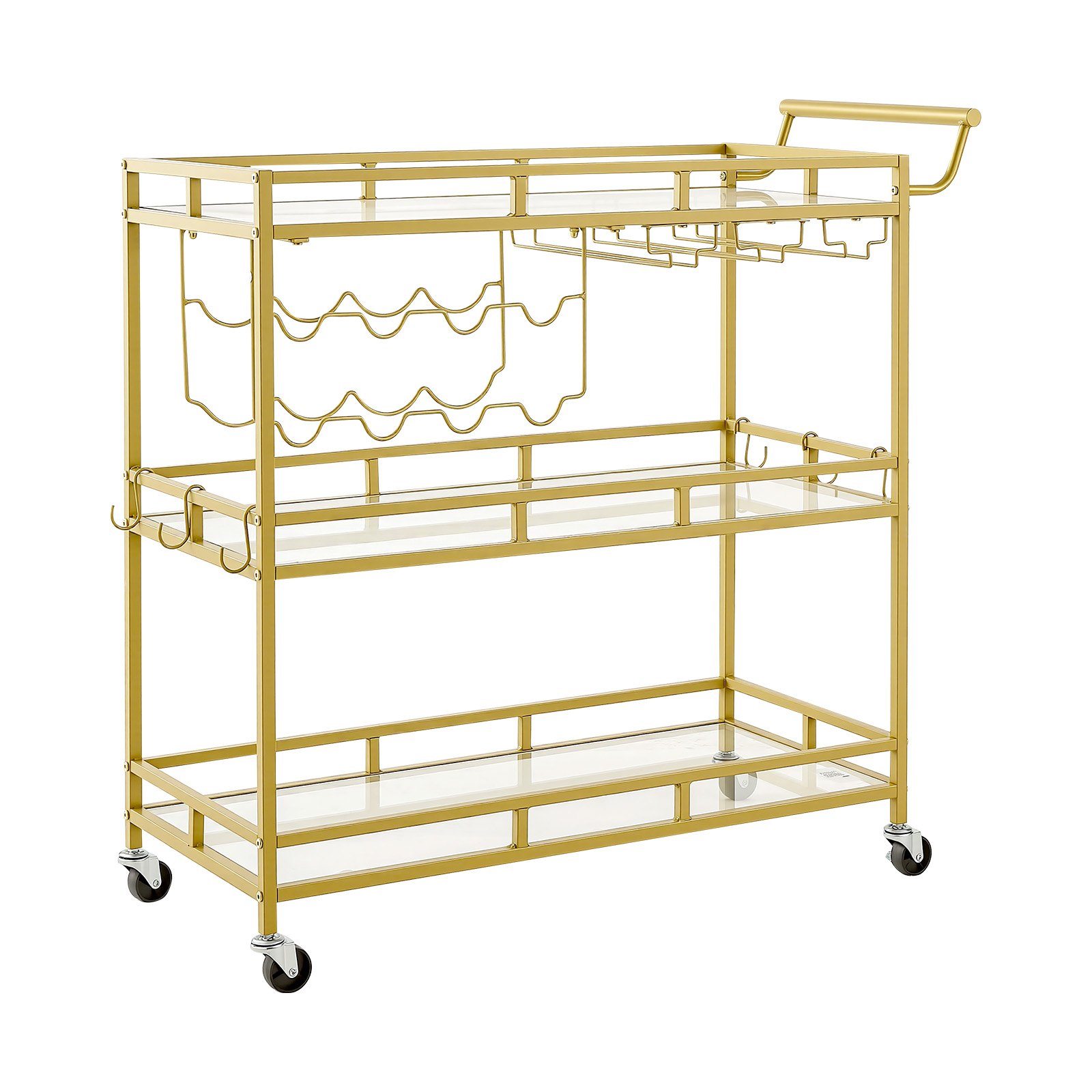 VEVOR Carro de Bebidas con Botellero de 3 Niveles, Carrito de Servicio con Ruedas y Asa, Estantes de Vidrio Espejado, Soporte para Copas, para Sala de Estar, Comedor, Cocina, 88x38x89 cm, Dorado
