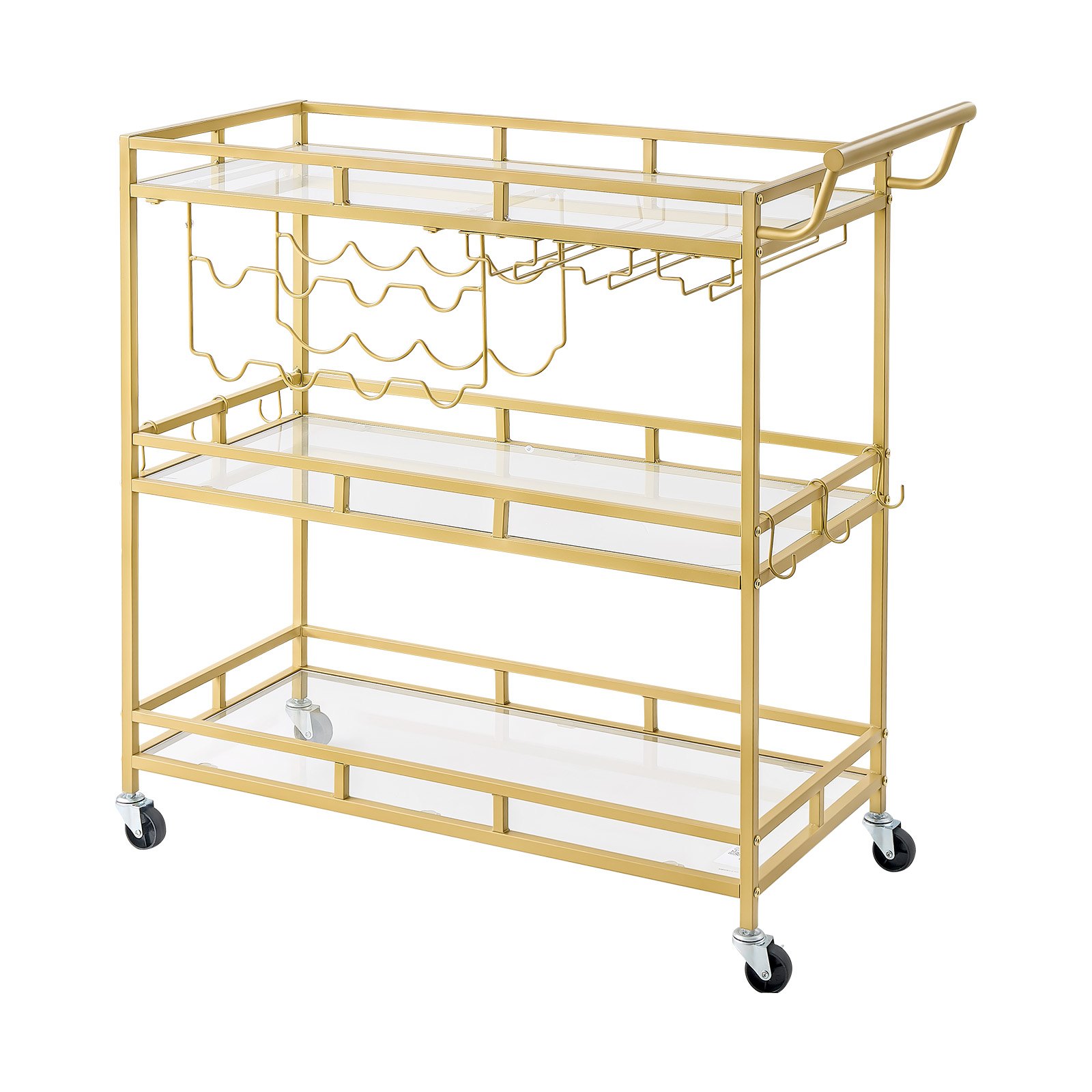 VEVOR Carro de Bebidas con Botellero de 3 Niveles, Carrito de Servicio con Ruedas y Asa, Estantes de Vidrio Espejado, Soporte para Copas, para Sala de Estar, Comedor, Cocina, 88x38x89 cm, Dorado