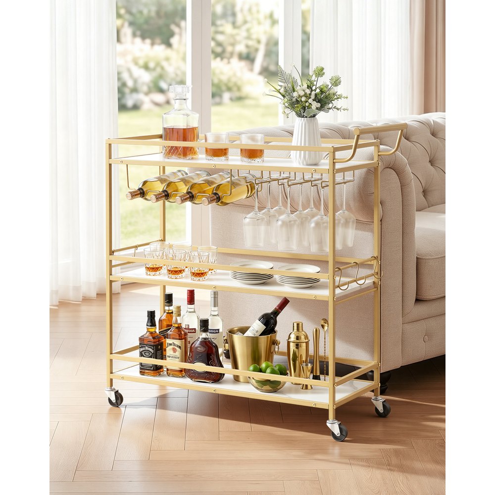 VEVOR Carro de Bebidas 3 Niveles, Carrito de Servicio con Ruedas 91x33x93,5 cm, Estantes de Tabla, Estructura de Hierro, con Botellero, Soporte para Copas, para Sala de Estar, Comedor, Marco Dorado