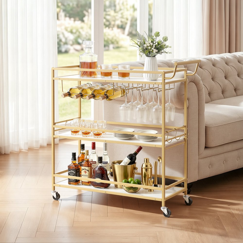 VEVOR Carro de Bebidas 3 Niveles, Carrito de Servicio con Ruedas 91x33x93,5 cm, Estantes de Tabla, Estructura de Hierro, con Botellero, Soporte para Copas, para Sala de Estar, Comedor, Marco Dorado