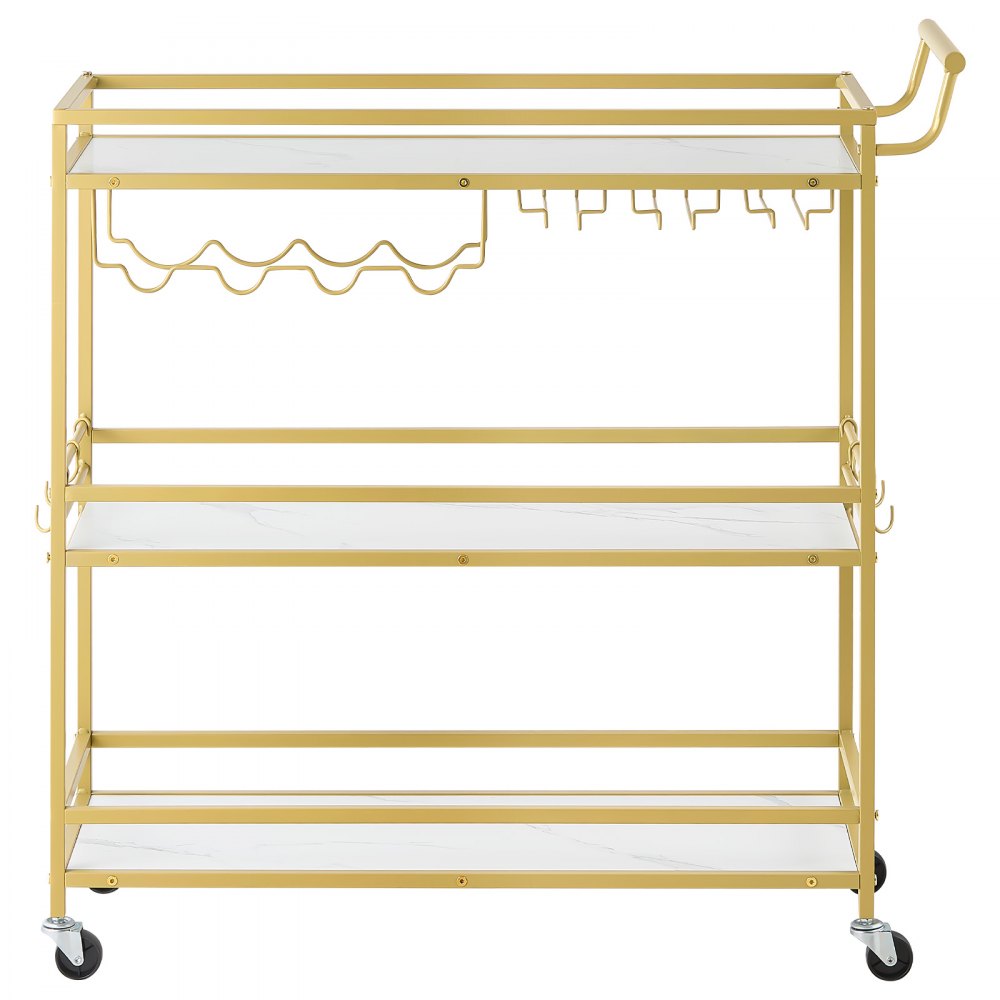 VEVOR Carro de Bebidas 3 Niveles, Carrito de Servicio con Ruedas 91x33x93,5 cm, Estantes de Tabla, Estructura de Hierro, con Botellero, Soporte para Copas, para Sala de Estar, Comedor, Marco Dorado