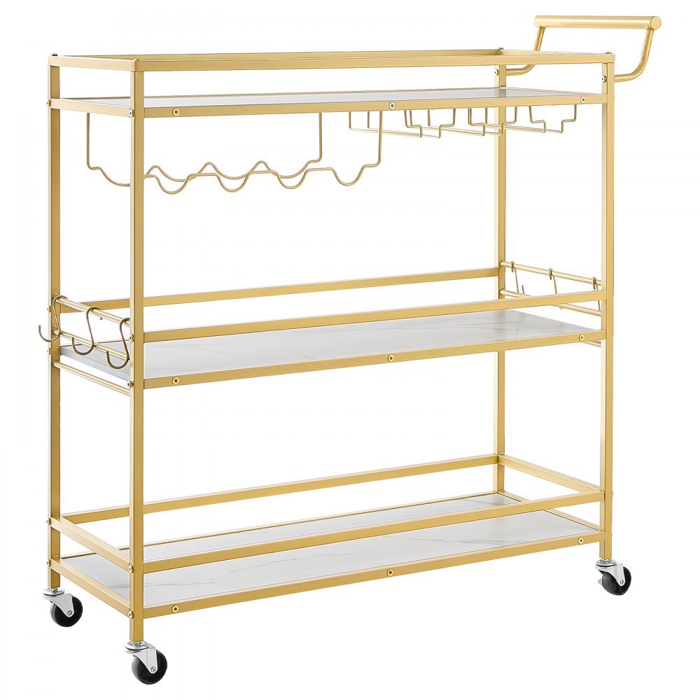 VEVOR Carro de Bebidas 3 Niveles, Carrito de Servicio con Ruedas 91x33x93,5 cm, Estantes de Tabla, Estructura de Hierro, con Botellero, Soporte para Copas, para Sala de Estar, Comedor, Marco Dorado