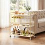 VEVOR Carro de Bebidas 3 Niveles, Carrito de Servicio con Ruedas 91x33x93,5 cm, Estantes de Tabla, Estructura de Hierro, con Botellero, Soporte para Copas, para Sala de Estar, Comedor, Marco Dorado