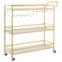 VEVOR Carro de Bebidas 3 Niveles, Carrito de Servicio con Ruedas 91x33x93,5 cm, Estantes de Tabla, Estructura de Hierro, con Botellero, Soporte para Copas, para Sala de Estar, Comedor, Marco Dorado