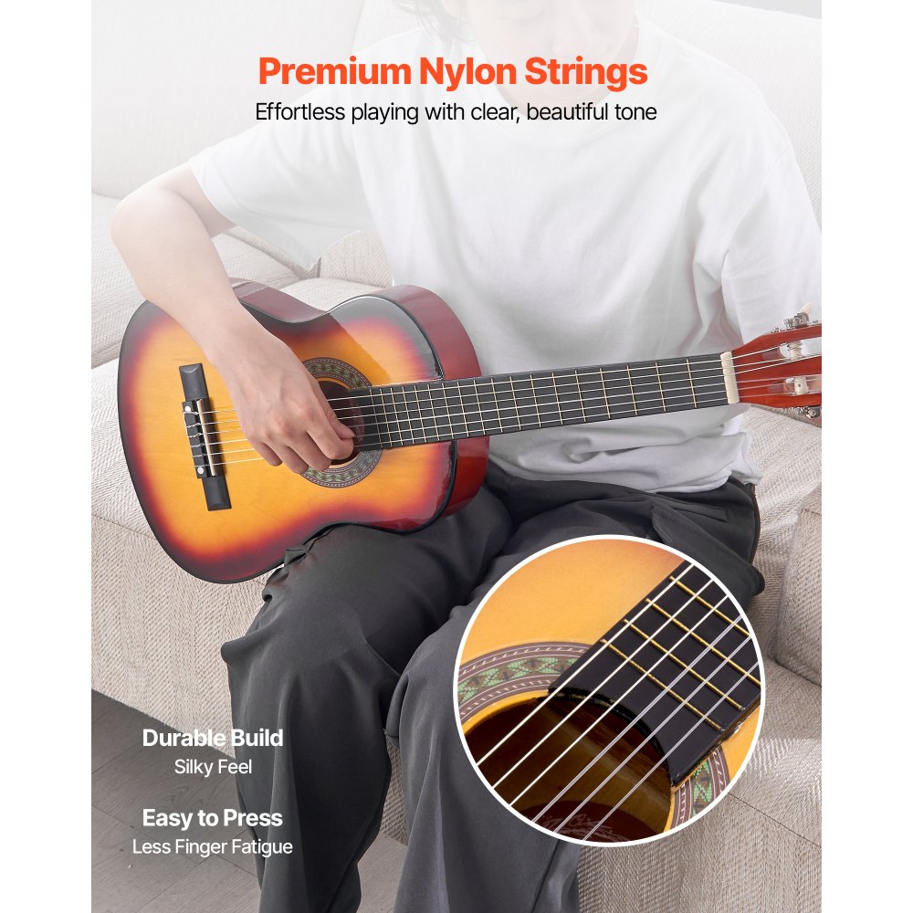 VEVOR Guitarra Clásica, Kit de Guitarra Clásica de Madera de 780 mm con Cuerdas de Nailon, Funda, Correa, Afinador, Cuerdas Adicionales, Púas, Cejilla, Madera de Tilo, Color del Amanecer