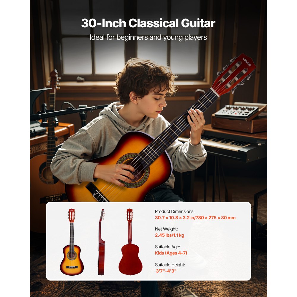 VEVOR Guitarra Clásica, Kit de Guitarra Clásica de Madera de 780 mm con Cuerdas de Nailon, Funda, Correa, Afinador, Cuerdas Adicionales, Púas, Cejilla, Madera de Tilo, Color del Amanecer