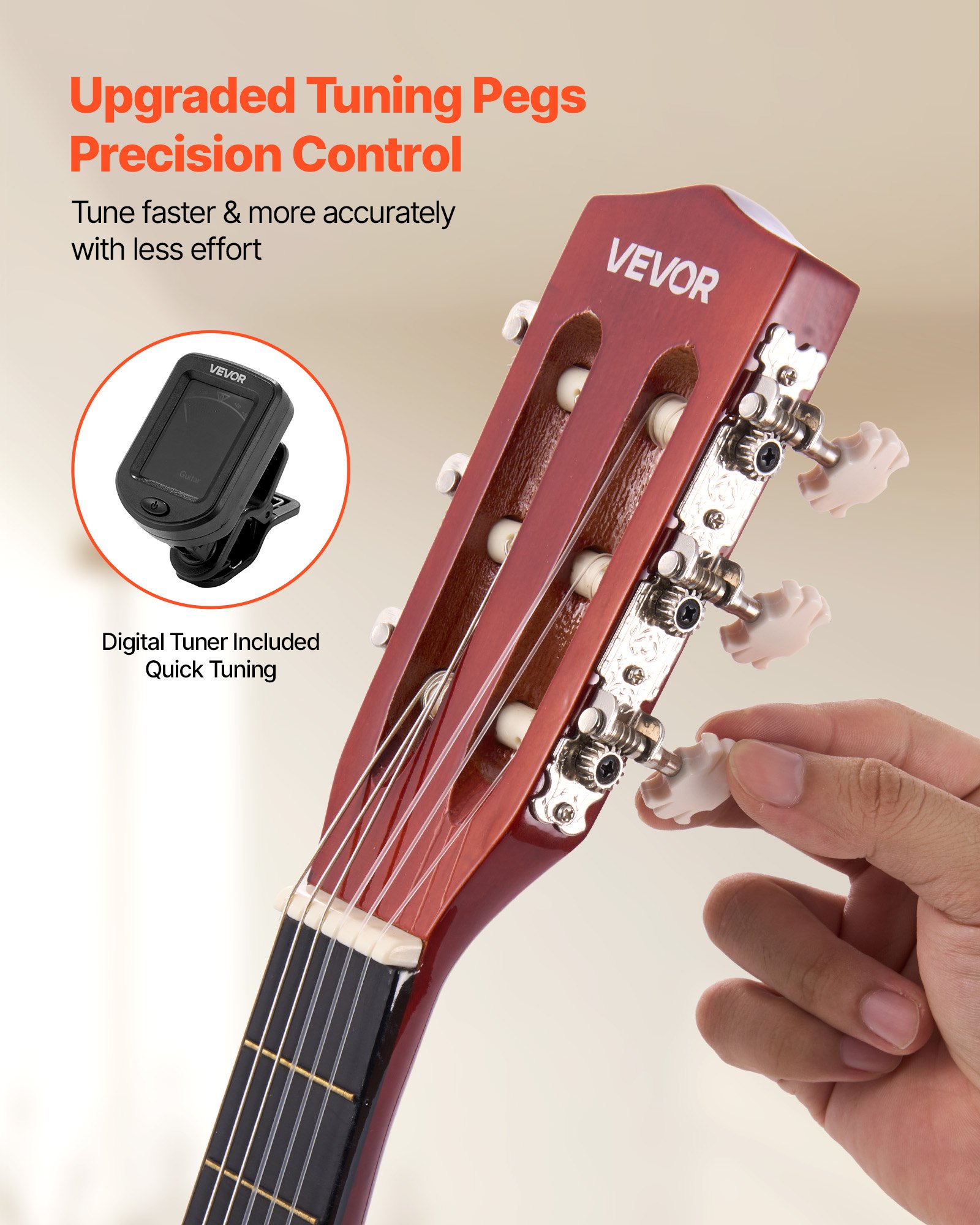 VEVOR Guitarra Clásica, Kit de Guitarra Clásica de Madera de 780 mm con Cuerdas de Nailon, Funda, Correa, Afinador, Cuerdas Adicionales, Púas, Cejilla, Madera de Tilo, Color del Amanecer